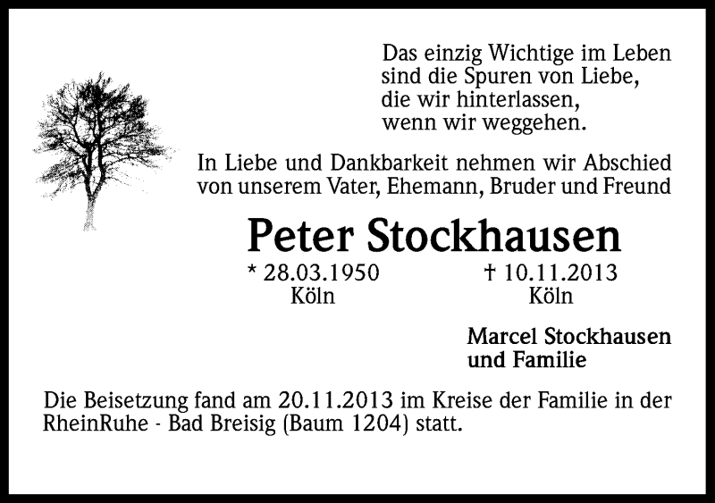  Traueranzeige für Peter Stockhausen vom 30.11.2013 aus Kölner Stadt-Anzeiger / Kölnische Rundschau / Express