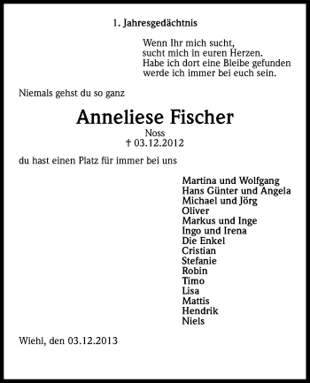 Anzeige von Anneliese Fischer von Kölner Stadt-Anzeiger / Kölnische Rundschau / Express