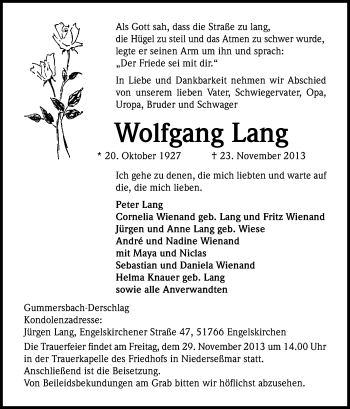 Anzeige von Wolfgang Lang von Kölner Stadt-Anzeiger / Kölnische Rundschau / Express