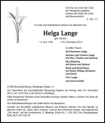Anzeige von Helga Lange von Kölner Stadt-Anzeiger / Kölnische Rundschau / Express