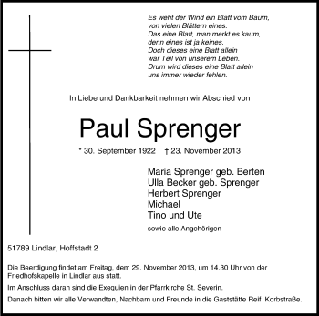 Anzeige von Paul Sprenger von Kölner Stadt-Anzeiger / Kölnische Rundschau / Express