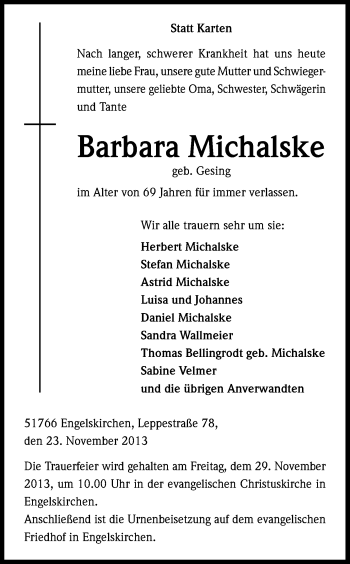Anzeige von Barbara Michalske von Kölner Stadt-Anzeiger / Kölnische Rundschau / Express