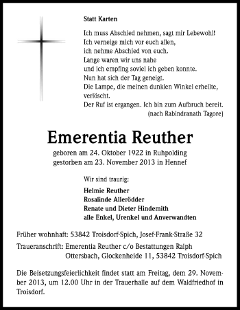 Anzeige von Emerentia Reuther von Kölner Stadt-Anzeiger / Kölnische Rundschau / Express