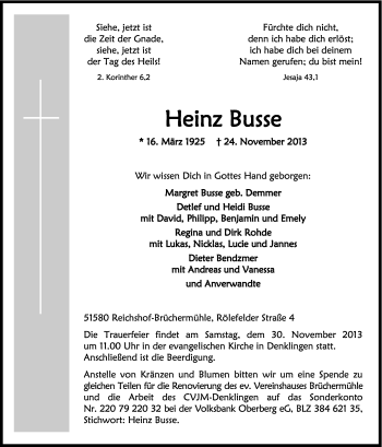 Anzeige von Heinz Busse von Kölner Stadt-Anzeiger / Kölnische Rundschau / Express
