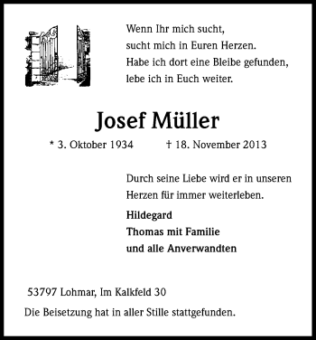 Anzeige von Josef Müller von Kölner Stadt-Anzeiger / Kölnische Rundschau / Express