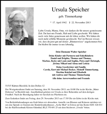 Anzeige von Ursula Speicher von Kölner Stadt-Anzeiger / Kölnische Rundschau / Express