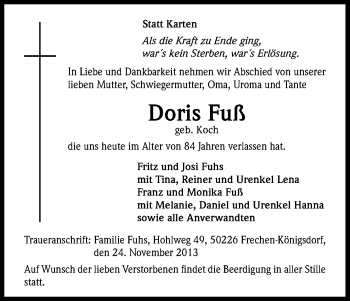 Anzeige von Doris Fuß von Kölner Stadt-Anzeiger / Kölnische Rundschau / Express