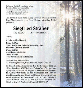 Anzeige von Siegfried Sträßer von Kölner Stadt-Anzeiger / Kölnische Rundschau / Express
