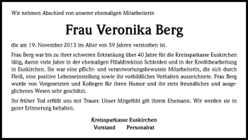 Anzeige von Veronika Berg von Kölner Stadt-Anzeiger / Kölnische Rundschau / Express