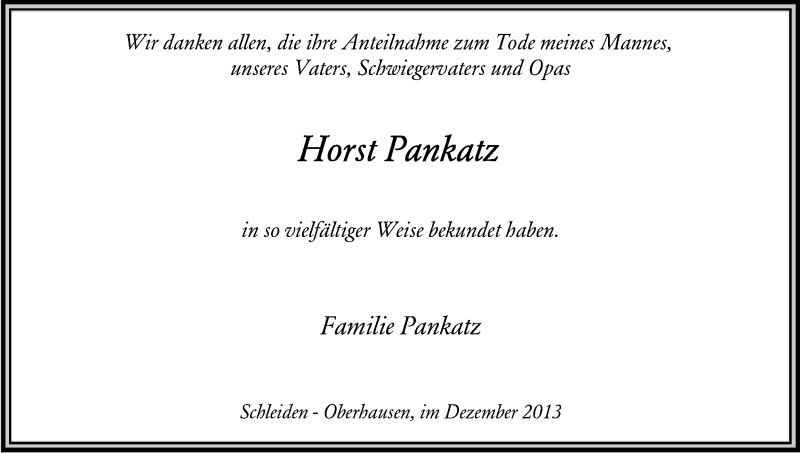  Traueranzeige für Horst Pankatz vom 07.12.2013 aus Kölner Stadt-Anzeiger / Kölnische Rundschau / Express