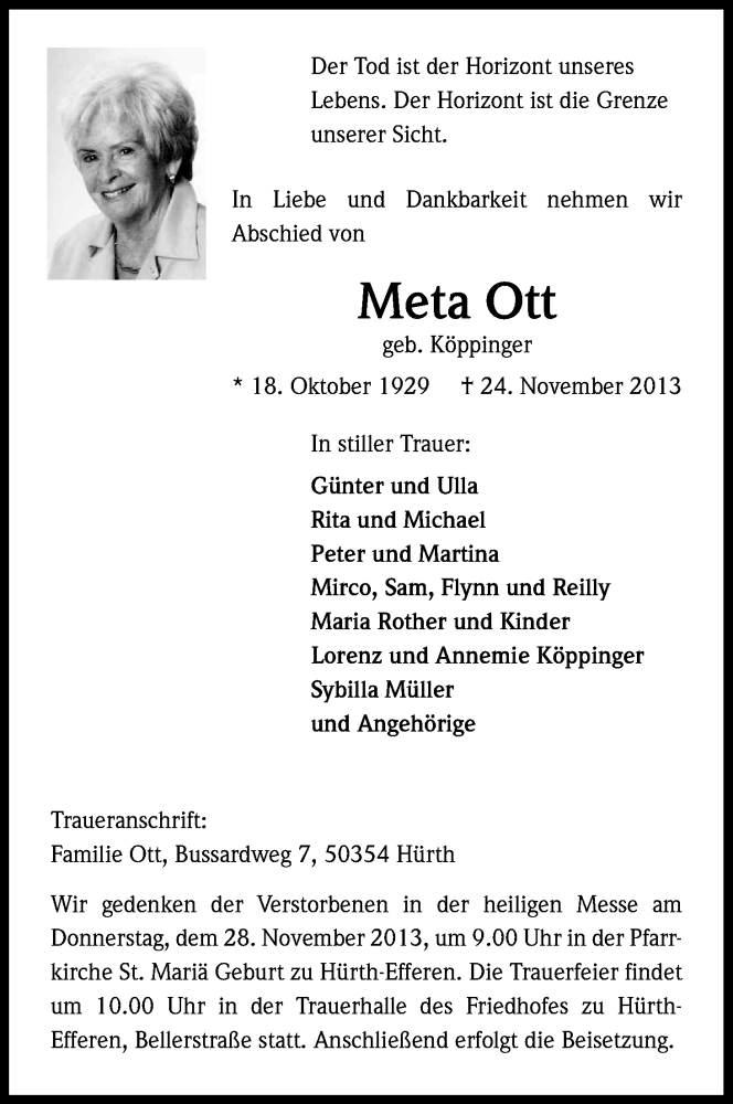  Traueranzeige für Meta Ott vom 26.11.2013 aus Kölner Stadt-Anzeiger / Kölnische Rundschau / Express
