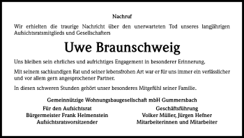 Anzeige von Uwe Braunschweig von Kölner Stadt-Anzeiger / Kölnische Rundschau / Express