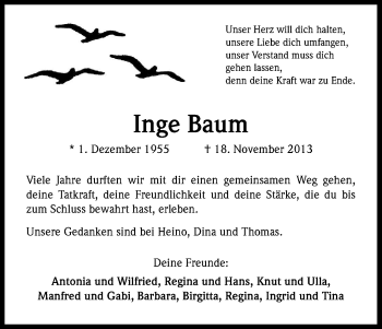 Anzeige von Inge Braun von Kölner Stadt-Anzeiger / Kölnische Rundschau / Express