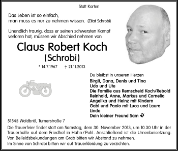 Anzeige von Claus Robert Koch von Kölner Stadt-Anzeiger / Kölnische Rundschau / Express