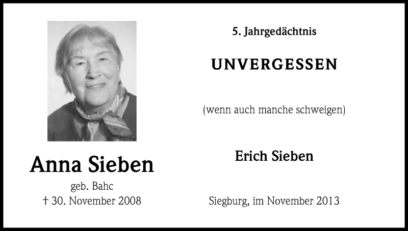  Traueranzeige für Anna Sieben vom 30.11.2013 aus Kölner Stadt-Anzeiger / Kölnische Rundschau / Express