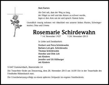 Anzeige von Rosemarie Schirdewahn von Kölner Stadt-Anzeiger / Kölnische Rundschau / Express