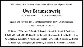 Anzeige von Uwe Braunschweig von Kölner Stadt-Anzeiger / Kölnische Rundschau / Express
