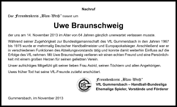 Anzeige von Uwe Braunschweig von Kölner Stadt-Anzeiger / Kölnische Rundschau / Express