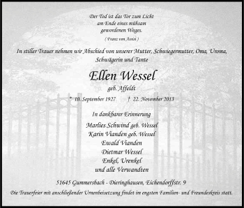 Anzeige von Ellen Wessel von Kölner Stadt-Anzeiger / Kölnische Rundschau / Express