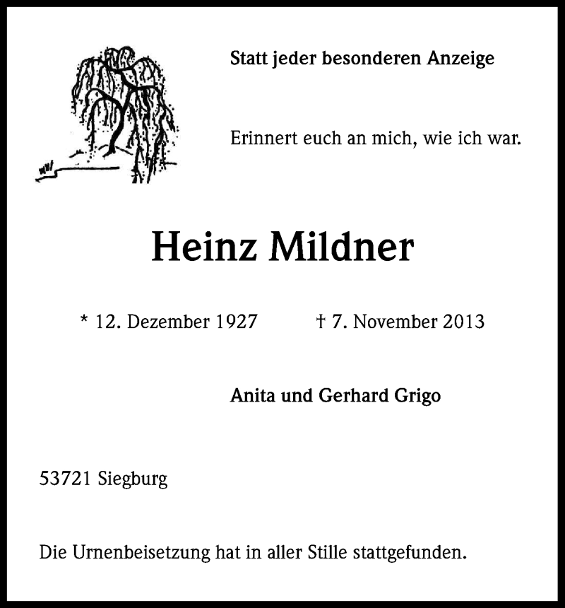  Traueranzeige für Heinz Mildner vom 30.11.2013 aus Kölner Stadt-Anzeiger / Kölnische Rundschau / Express