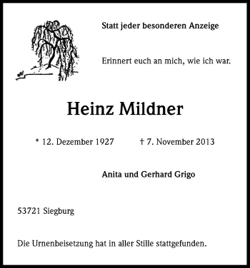 Anzeige von Heinz Mildner von Kölner Stadt-Anzeiger / Kölnische Rundschau / Express