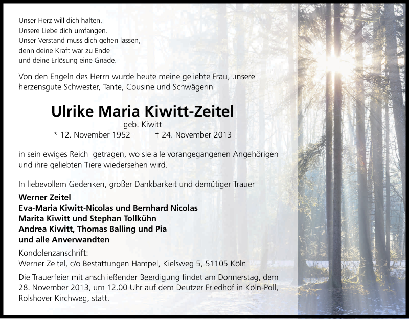 Traueranzeige für Ulrike Maria Kiwitt-Zeitel vom 27.11.2013 aus Kölner Stadt-Anzeiger / Kölnische Rundschau / Express