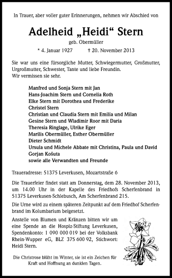 Anzeige von Adelheid Stern von Kölner Stadt-Anzeiger / Kölnische Rundschau / Express