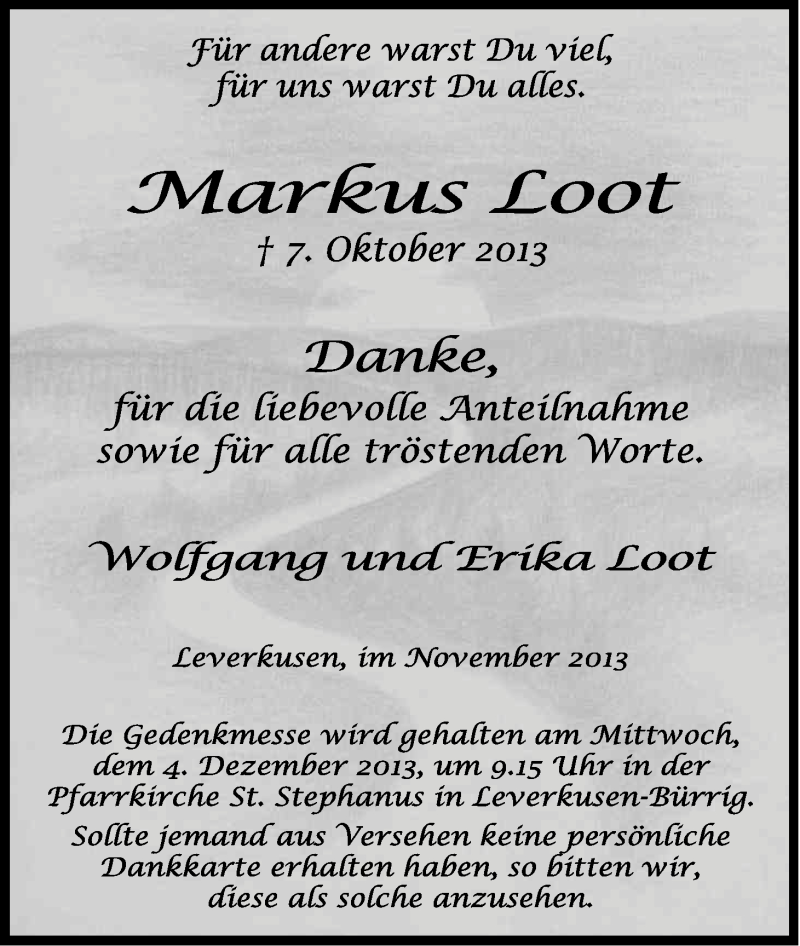  Traueranzeige für Markus Loot vom 30.11.2013 aus Kölner Stadt-Anzeiger / Kölnische Rundschau / Express