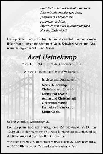 Anzeige von Axel Heinekamp von Kölner Stadt-Anzeiger / Kölnische Rundschau / Express