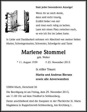 Anzeige von Marlene Stommel von Kölner Stadt-Anzeiger / Kölnische Rundschau / Express