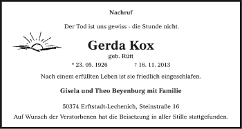 Anzeige von Gerda Kox von Kölner Stadt-Anzeiger / Kölnische Rundschau / Express