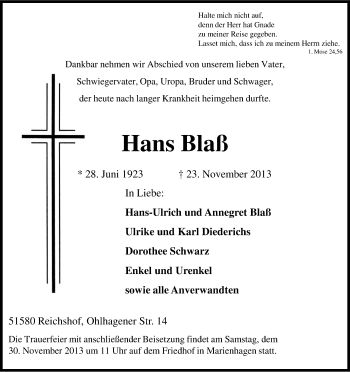 Anzeige von Hans Blaß von Kölner Stadt-Anzeiger / Kölnische Rundschau / Express