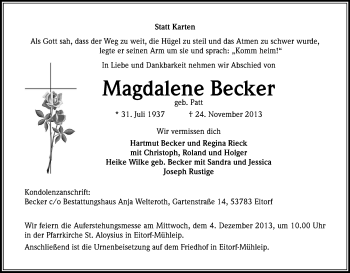 Anzeige von Magdalene Becker von Kölner Stadt-Anzeiger / Kölnische Rundschau / Express
