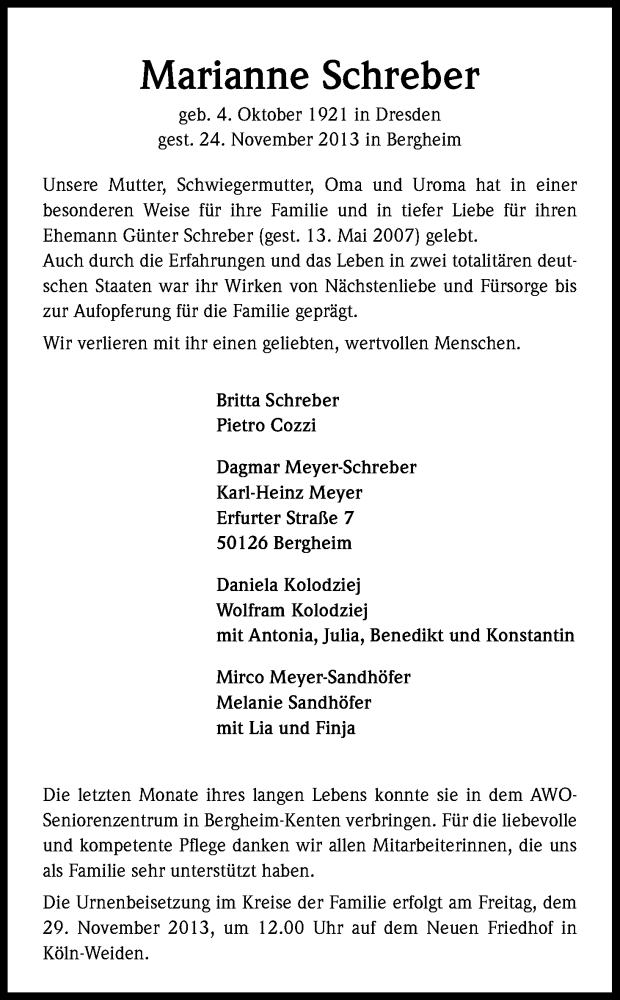  Traueranzeige für Marianne Schreber vom 27.11.2013 aus Kölner Stadt-Anzeiger / Kölnische Rundschau / Express