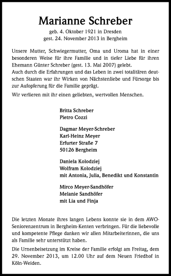 Anzeige von Marianne Schreber von Kölner Stadt-Anzeiger / Kölnische Rundschau / Express