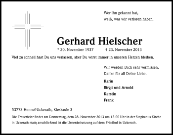 Anzeige von Gerhard Hielscher von Kölner Stadt-Anzeiger / Kölnische Rundschau / Express