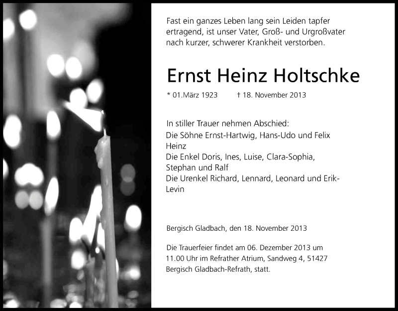  Traueranzeige für Ernst Heinz Holtschke vom 29.11.2013 aus Kölner Stadt-Anzeiger / Kölnische Rundschau / Express