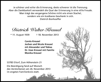 Anzeige von Dietrich Walter Kreusel von Kölner Stadt-Anzeiger / Kölnische Rundschau / Express