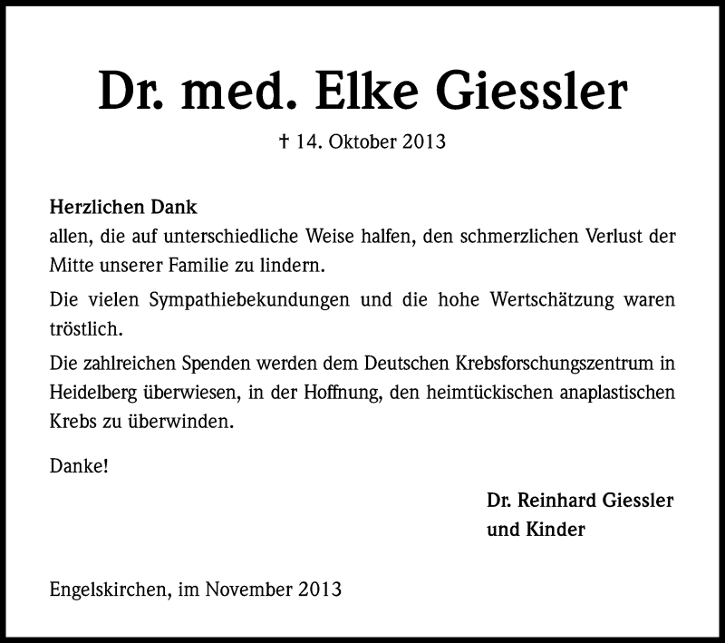  Traueranzeige für Elke Giessler vom 30.11.2013 aus Kölner Stadt-Anzeiger / Kölnische Rundschau / Express