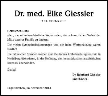 Anzeige von Elke Giessler von Kölner Stadt-Anzeiger / Kölnische Rundschau / Express