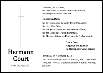 Anzeige von Hermann Court von Kölner Stadt-Anzeiger / Kölnische Rundschau / Express