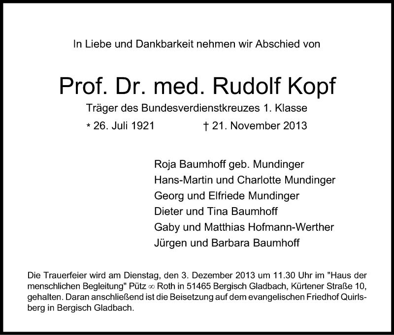  Traueranzeige für Rudolf Kopf vom 27.11.2013 aus Kölner Stadt-Anzeiger / Kölnische Rundschau / Express