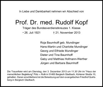 Anzeige von Rudolf Kopf von Kölner Stadt-Anzeiger / Kölnische Rundschau / Express