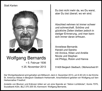 Anzeige von Wolfgang Bernards von Kölner Stadt-Anzeiger / Kölnische Rundschau / Express