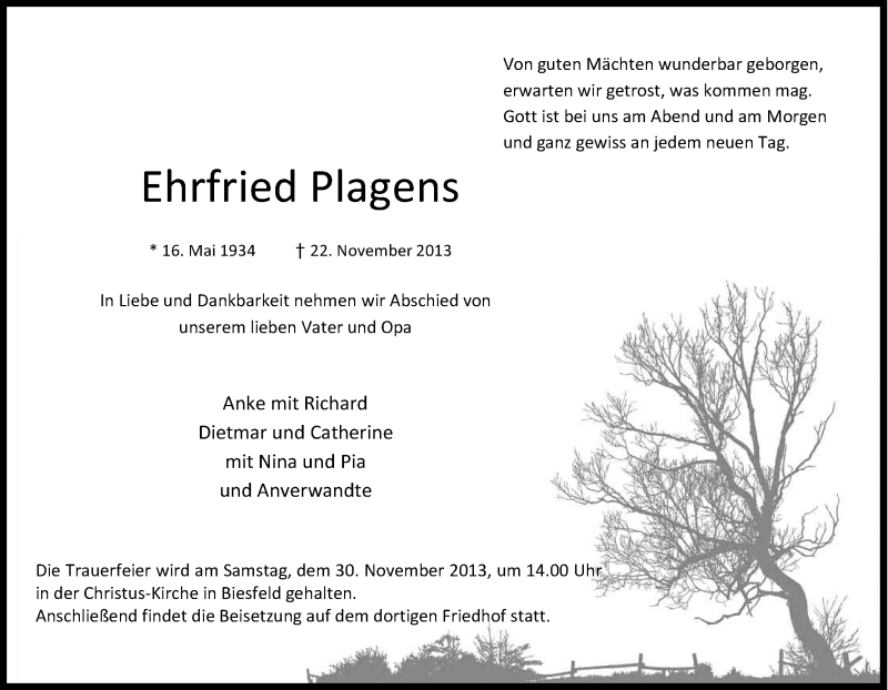  Traueranzeige für Ehrfried Plagens vom 27.11.2013 aus Kölner Stadt-Anzeiger / Kölnische Rundschau / Express