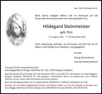 Anzeige von Hildegard Steinmeister von Kölner Stadt-Anzeiger / Kölnische Rundschau / Express