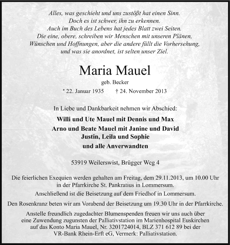  Traueranzeige für Maria Mauel vom 27.11.2013 aus Kölner Stadt-Anzeiger / Kölnische Rundschau / Express