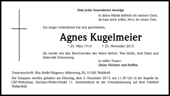 Anzeige von Agnes Kugelmeier von Kölner Stadt-Anzeiger / Kölnische Rundschau / Express