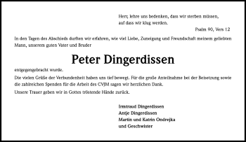 Anzeige von Peter Dingerdissen von Kölner Stadt-Anzeiger / Kölnische Rundschau / Express