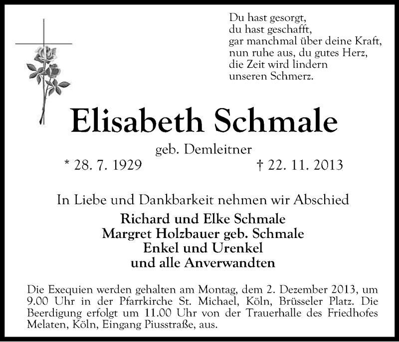  Traueranzeige für Elisabeth Schmale vom 28.11.2013 aus Kölner Stadt-Anzeiger / Kölnische Rundschau / Express
